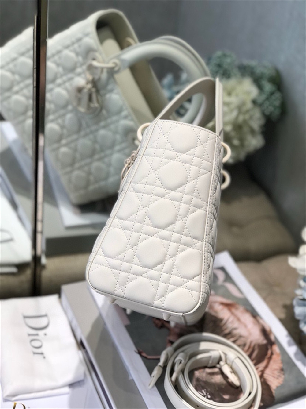 medium lady D*or bag 9.5 x 8 x 4.5 inches