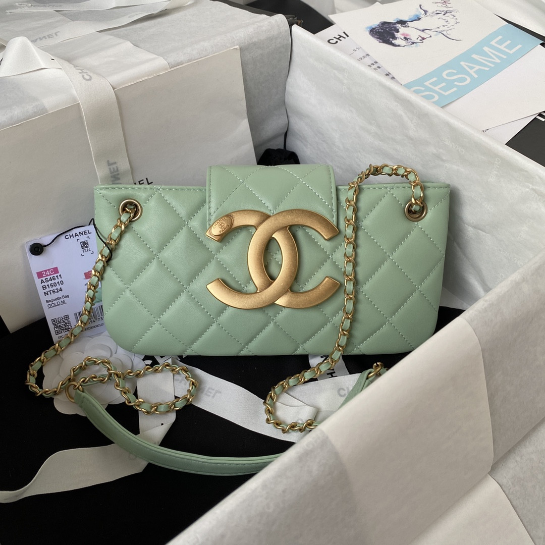 Ch*el baguette bag light green 4.5 × 9.4 × 1.8 in
