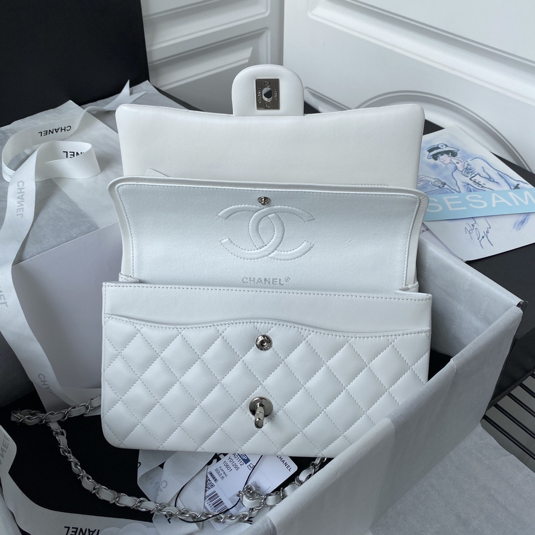 Ch*el classic handbag lambskin & silver-tone metal white 15.5x25.5x6.5cm
