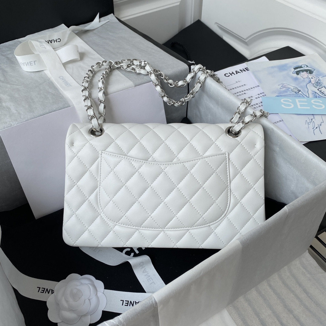 Ch*el classic handbag lambskin & silver-tone metal white 15.5x25.5x6.5cm