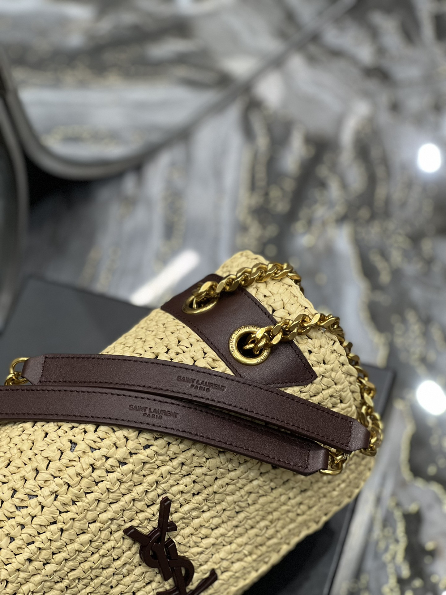Y*L niki medium chain bag in raffia and leather beige 11 x 7.8 x 3.3 inches