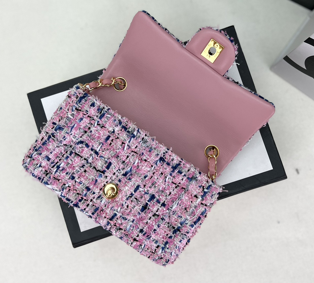 Ch*el mini classic 11.12 handbag tweed & gold-tone metal 4.7 × 7.8 × 2.3 in